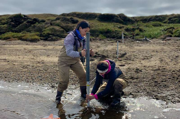Micaela Pedrazas (left) and Cansu Demir (right) install a piezometer along the beach of Kaktovik Lagoon. Credit: Bayani Cardenas / Jackson School of Geosciences
