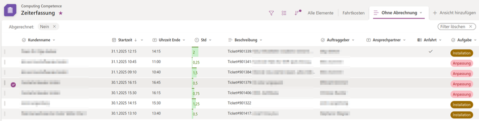 Beispiel Liste mit Zeiterfassungs Einträgen