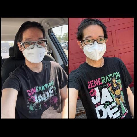 Picture on the left is me wearing a Cora Jade shirt while wearing a CAN99 mask. There’s a Generation of Jade logo on the shirt. Picture on the right is me wearing another Cora Jade shirt while wearing a CAN95 mask. There’s a variation of the Generation of Jade logo on the shirt, with a photo of Cora Jade on the right of the logo, and she’s wearing her ring gear.