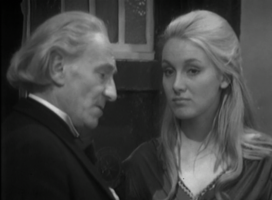 Screenshot from black and white Doctor Who: The sixth and final episode of the story "The Keys of Marinus". The Doctor (William Hartnell) talks to Sabetha (Katherine Schofield) at the story's end.