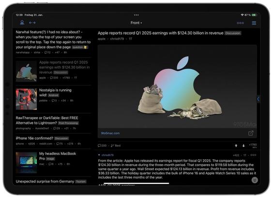 Screenshot einer Zwei-Spalten-Ansicht im Dunkelmodus von Readder auf einem iPad Pro: In der linken Spalte sieht man den Feed, in der rechten größeren Ansicht einen geöffneten Artikel zum Thema Apple.