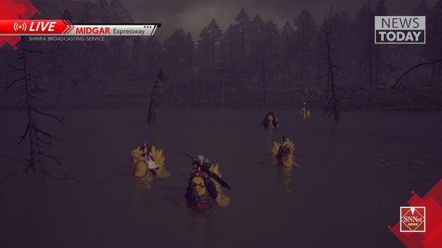 Un grupo de personas montadas en chocobos en un pantano de esos que le gustan al de Dark Souls, se viene boss... Tiene filtros y un marco de noticias del modo foto, Noticias Shinra