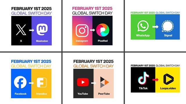 A grid of six promotional panels for 'Global Switch Day' on February 1st, 2025, each showing a transition between social media platforms: X (formerly Twitter) to Mastodon Instagram to Pixelfed WhatsApp to Signal Facebook to Friendica YouTube to PeerTube TikTok to Loops.video Each panel uses distinctive brand colors and includes platform logos connected by arrows, suggesting a migration from mainstream to alternative social media platforms.