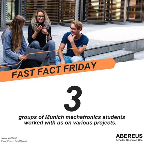 In the upper half of the picture, there is a photo of three people sitting in front of a building and discussing a project that is seemingly on their laptop. They seem to be around 20 to 30 years old and are smiling. Below is the text "Fast Fact Friday - 3 groups of #Munich #mechatronics students worked with us on various #projects." as well as the logo of ABEREUS.