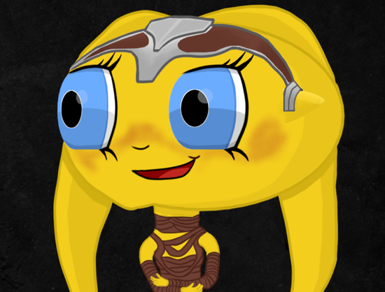 A yellow-skinned Twi'lek drawn in Krita. She is in Chibi style so have huge bright blue eyes and a metal circlet-style head-piece. Her top is made from brown, wrapped material, leaving her upper arms showing but mostly covering everything else.