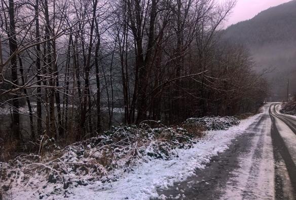 A snowy rural road curves gently to the right, bordered by tall, leafless trees, with a wide river beyond them on one side and low vegetation dusted with snow on the other. The scene is bathed in soft, muted light, with a hint of pink in the sky, and a misty forested mountain looms in the background. The icy road glistens with tracks
