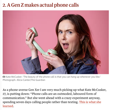 A screenshot of synopsis of the aritcle of "A Gen Z makes actual phone calls"