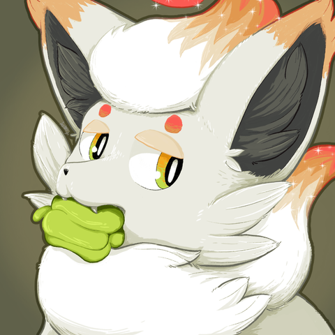 digital drawing focused on the head of a white-colored hisuian zorua (a fox-like Pokémon) with orange-green eyes, orange tipped ears, and long, sparkling fluffy fur on its head and neck that turn orange-red at the ends. It is holding a bell pepper in its mouth and glancing at the viewer solemnly.