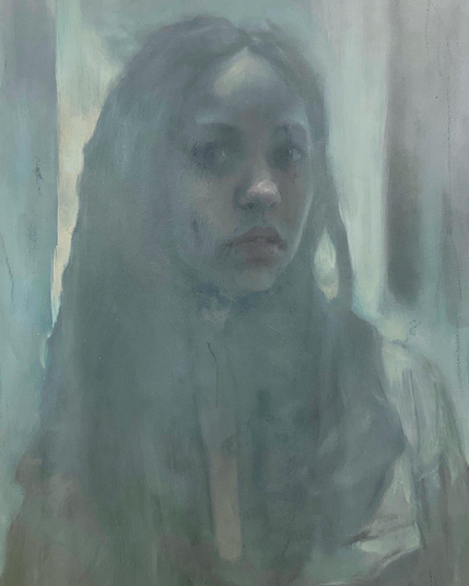 Low-contrast, nearly grey-and-white painting of a person, with light shining from behind. The whole painting surface is scraped and scratched, making the expressive person a bit unclear besides the small light that lands on her nose.