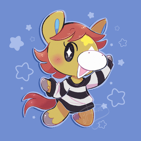 Art of Winnie from Animal Crossing, a yellow-brown horse with a star on her forehead. She's jumping in the air joyfully with a big smile on her face. The background is a simple blue with lighter blue stars surrounding her.
