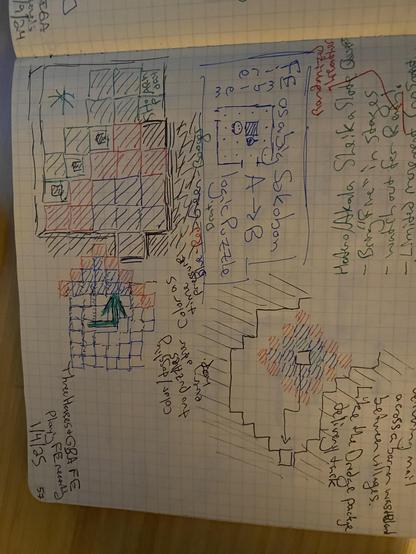Photo of my games journal, gridded paper covered in blue, red, green, and black ink, mostly doodling colored grids of squares.