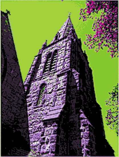 Photo of a stone church spire taken from below, against a green sky, and pixelated with diagonal pixels