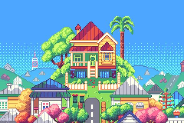 A pixel art interpretation of the Heeler Family House on top of a hill. The canvas size is that of the GBA, and the colour palette is colourful, saturated, and happy.