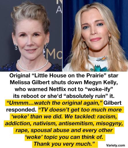 Picture of actress Melissa Gilbert on one side, and Megyn Kelly , "journalist", on the other side.

Text reads:

In black text: Original “Little House on the Prairie” star Melissa Gilbert shuts down Megyn Kelly, who warned Netflix not to “woke-ify” its reboot or she'd “absolutely ruin” it. Highlighted yellow: “Ummm...watch the original again,” Gilbert responded. “TV doesn’t get too much more ‘woke’ than we did. We tackled: racism, addiction, nativism, antisemitism, misogyny, rape, spousal abuse and every other ‘woke’ topic you can think of. Thank you very much.” VaHEty:com