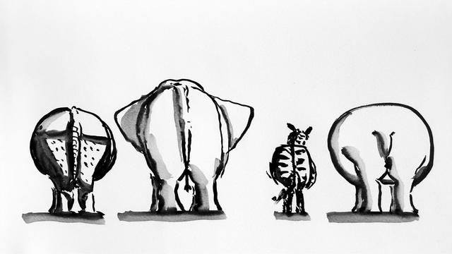Ink sketch of a rhino, elephant, zebra and hippo.