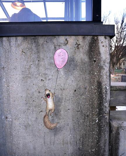 Streetart. A little squirrel (called Benny) was drawn with chalk on a gray house wall under a window. It holds on to a pink balloon with one hand and flies away with its mouth wide open. It seems to be having a lot of fun.
Title: "Benny's tree-climbing days are behind (and soon to be beneath) him..."