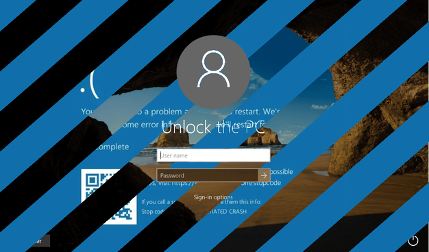 Schroedinger_Splash_Screen: The first QuantumPC_OS for private quantum computers. You won't know if the PC is running or dead until you log in. The image shows two screens in one, separated by stripes. One layer of stripes shows the blue screen of a crashed operating system, the other an ordinary login.