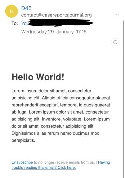 Screenshot of an email message with main title “Hello world “ and body text  which contains nothing else but copied ”lorem ipsum” content.