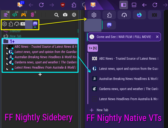 Side-by-side vertical tabs columns of Firefox Nightly profiles. LHS is with Sidebery active, RHS is with the native FF Vertical Tabs. Towards the top on each side are the Pinned Tabs, which are desirably small & compact on LHS, but undesirably large [wide & tall] on RHS, thus taking up much more space. Below the PTs are five normal tabs, same sites on both sides. The LHS is vertically desirably compact, whereas again the RHS is ridiculously wasteful of vertical space, being far taller & more padded.