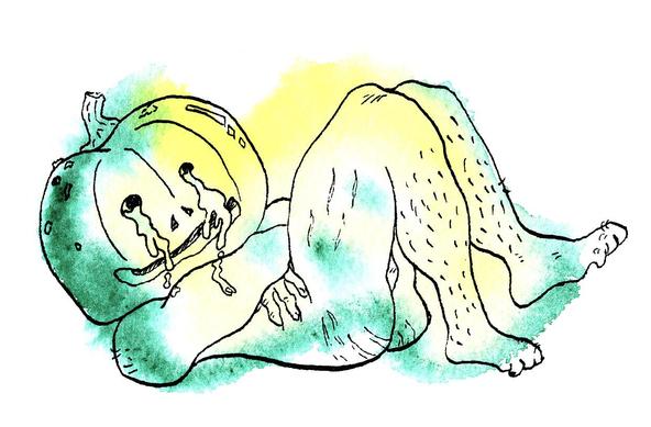 Dessin à l'aquarelle sur fond blanc avec des lignes noires à l'encre de chine. Un Personnage à tête de citrouille allongé sur le sole pleure à grosses larmes. Iel a les jambes et les épaules poilues, des vergetures sur les fesses et cuisses.