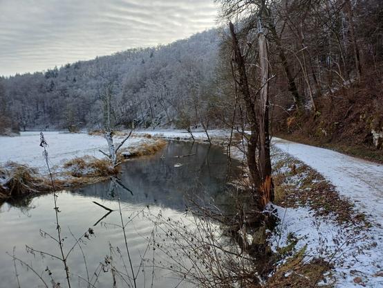 Das große Lauter Tal im Winter, mit der Spiegelung des Waldes im Fluß und viel Reif