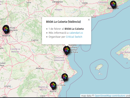 mapa con 5 puntos marcados: madrid, murcia, alacant, valència i barcelona. Está desplegado el punto de valència como ejemplo. Pone: BSOA La Caixeta, 1 de febrer, organitzat per critical switch, més info a calendari.cc