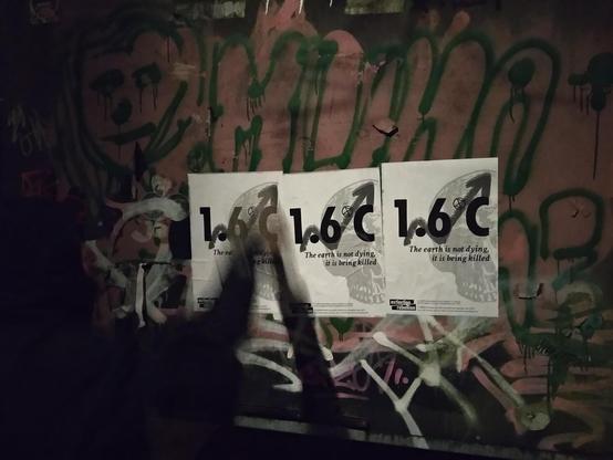 Iemand die affiches plakt op een achtergrond met veel grafitti.
Op de affiche staat "1.6°C - The earth is not dying, it is being killed" en een schedel op de achtergrond.