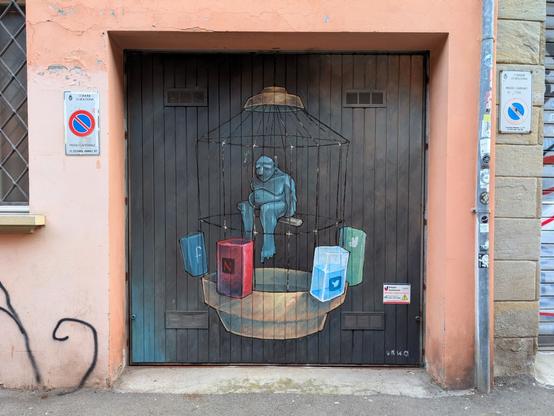An ill looking man sitting in a bird cage with food and drink provided by boxes marked with #Facebook #Netflix #Twitter and #Deliveroo logos.