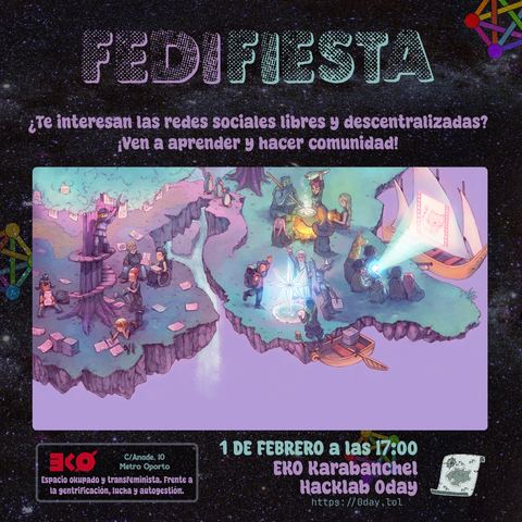 Cartel de la Fedifiesta, en el que se muestra el logo y el lema de ESLA EKO, acompañados de la fecha y el nombre del hacklab.

Fecha: 1 de febrero