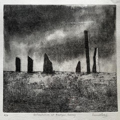 An etching in black and white of six of the standing stones at the Ring of Brodgar, Orkney. The piece is titled ‘Confrontation at Brodgar, Orkney’ and shows the stones poised as though at an impasse. The surface of the stones is a mix of light and shade, with a sky of dark clouds looking ominously down on the scene.