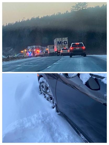 Collage - top pic line of traffic and emergency service lights, car appears off the side of the road. Bottom pic black car with snow around tire - few cm deep.