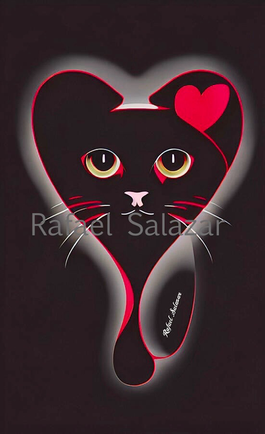 Black and red heart-shaped cat portrait with expressive golden eyes and a soft glowing aura, symbolizing love and curiosity by Rafael Salazar artist at RafaelSalazar.com