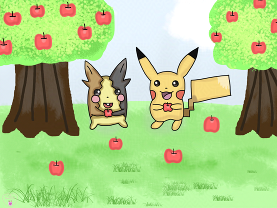 A traditional drawing of two small rodents: one is chubby yellow/light brown/dark gray with pink cheeks and other one is also chubby yellow rodent but with red cheeks, has a thunder-shaped tail. Both are holding red apples. Four more red apples are lying near them.

Two apple tress are also seen.