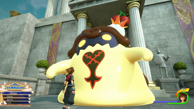 A large heartless flan emerges from the groubd in front of Sora. It has a crown on its head which has a large pair of cherries