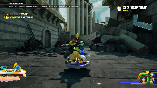 Goofy, Donald and Sora on Goofy’s shield travelling along the streets of Thebes
