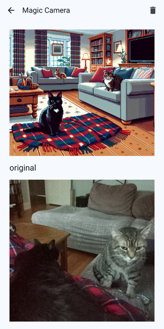 The original photo on the bottom features two cats in a cozy living room: a black cat lying on someone's legs with plaid pajamas and a tabby cat on the couch beside them. The AI-generated version on top captures a similar but pixelated scene with the black cat on a checkered blanket on the floor and the tabby cat on a grey couch, and a rabbit on the other couch in the background, all within a well-lit room with bookshelves, a TV, and plaid curtains.