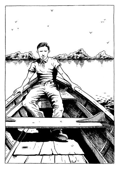 Ce dessin a été réalisé à partir d'une phot de famille. Il s'agit de mon grand père maternel. Cela devait se passer à l'occasion d'une promenade au bord d'un étang. On le voit assis, posant dans une barque. La photo date des années 30. Version à l'encre de chine.