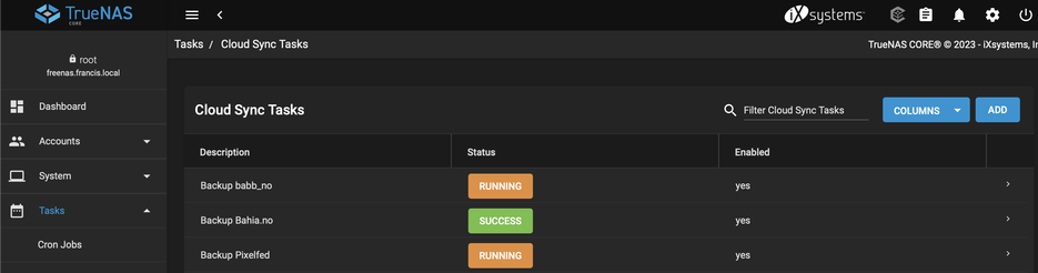 Screenshot of Tasks tab of TrueNAS core, showing three backup tasks: one for babb.no, another for bahia.no and another for pixelfed. Bahia.no backup task is marked as Success, while the other two are marked as running.