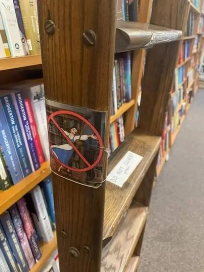 A rolling step ladder in a book store, attached to the side is an image from Disney's "Beauty and the Beast" of Belle swinging on a similar ladder with a red circle and line drawn through it.