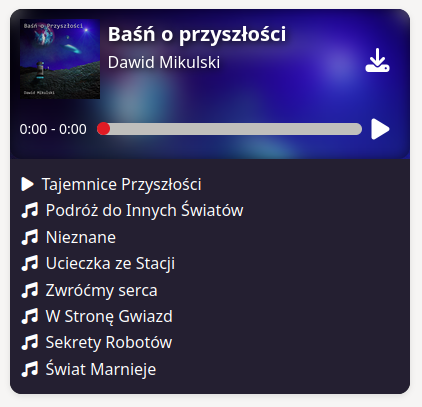 Zrzut ekranu autorskiego poprawionego odtwarzacza audio do Wordpressa. Tryb playlisty