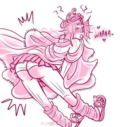 Messmer, blushing and moaning "waaa" while his white panties are showing. He's has a Marylin Monroe-esque pose as his skirt is flowing.