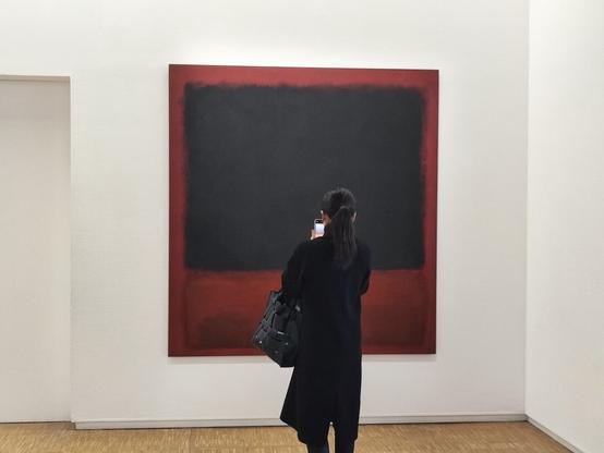 The second image of a series of three in a row where we see two women taking turns to photograph a painting in a museum. The woman in this image is seen after she has taken the place of the previous one to do the same.