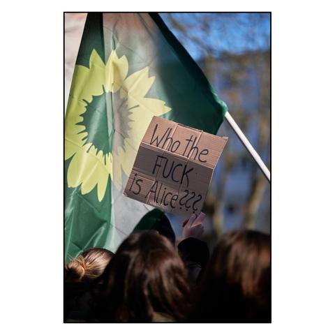 Foto: Ein Mensch hält ein Karton-Plakat in die Höhe, darauf steht, »Who the Fuck is Alice«. Dahinter eine Fahne von den Grünen.
