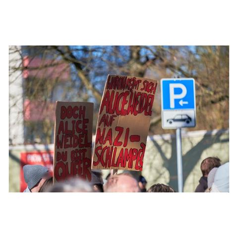 Foto: Zwei Demonstrationsschilder sind zu sehen, mit den Aufschriften: 
1. »Doch Alice Weidel, Du bist queer« 
2. »Warum reimt sich Alice Weidel auf Nazischlampe?«