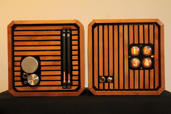 A photograph of two square shaped appliances. The one on the left is an audio amplifier, featuring some control knobs and lever, and two vertical nixie tubes that are the VU meter. The one on the left is a clock that features 4 round nixie tubes, stacked in a square layout, reading the hours on top and the minutes at the bottom. Each machine has a wood-clad façade and framing, the amplifier having horizontal strips, and the clock having vertical strips.