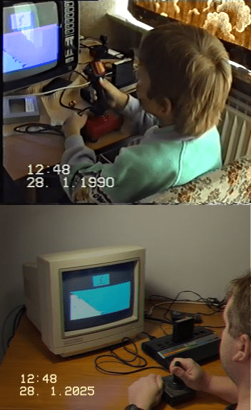Two pictures. Picture 1: A kid is playing ski jump from the Winter Games Cartridge on an Atari 2600 jr. In the corner of the picture is written 12:48, 28.1.1990".
Picture 2: Same scene, same person, 35 years later. In the corner is written "12:48, 28.1.2025"