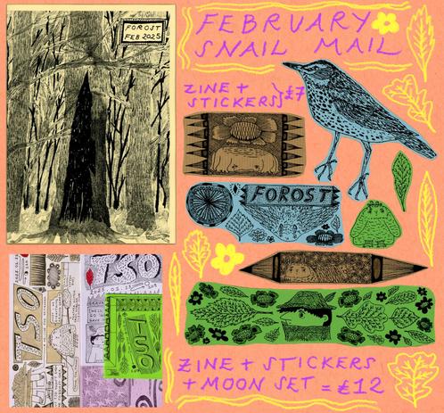 A set of illustrated stickers, a zine with an ink drawing of some forest trees on the cover, and a set of zines/comics also illustrated.