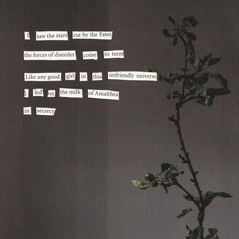 A cut-up poem on a dark background. The text reads: I saw the stars cut by the Fates / the forces of disorder come to term / like any good girl in this unfriendly universe / I fed on the milk of Amalthea / in secrecy