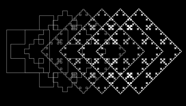 Six white-on-black iterations of a "Serpinski square," each increasing the depth of recursion, offset one to the other in a horizontal progression.