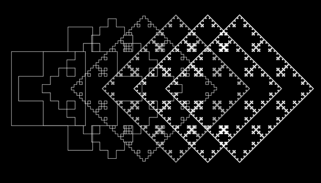 Six white-on-black iterations of a "Serpinski square," each increasing the depth of recursion, offset one to the other in a horizontal progression.